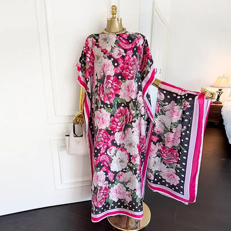 Moomoo Women'S 2 Piece Sets, Bohemian Peacock & Plants Satin Cape Robe with Scarf, plus Size Friendly Maxi Cover up for Resort, Hand Wash, Bathing Suit, Beach Wear, Bathing Suit Cover, Silky, Bikini Coverup, Moo Moo for Women, Stylish Women'S Wear