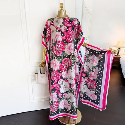 Moomoo Women'S 2 Piece Sets, Bohemian Peacock & Plants Satin Cape Robe with Scarf, plus Size Friendly Maxi Cover up for Resort, Hand Wash, Bathing Suit, Beach Wear, Bathing Suit Cover, Silky, Bikini Coverup, Moo Moo for Women, Stylish Women'S Wear