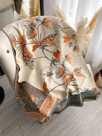 Elegant Floral Knit Scarf for Women, Boho Style Double-Sided Shawl, Fall & Winter Warm Daily Wear, Fitted Design, Floral Print Scarf, Boho Floral Scarves