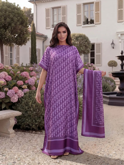 Women'S Elegant Chic Style All over Print Long Dress & Scarf, Beach Sun Protection Fitted Matching Set for Summer Womenswear