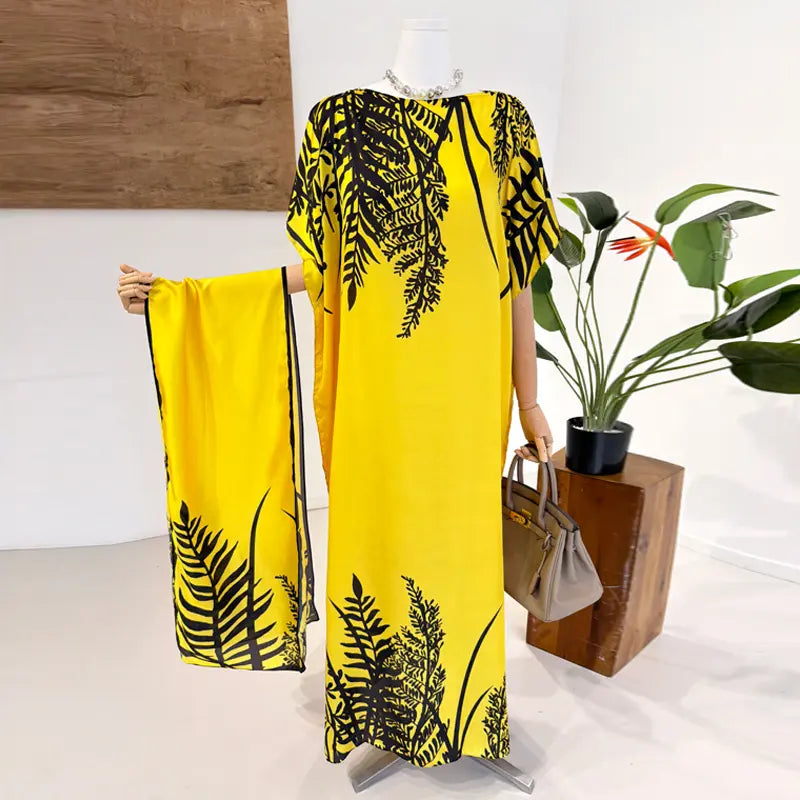 Moomoo Women'S 2 Piece Sets, Bohemian Peacock & Plants Satin Cape Robe with Scarf, plus Size Friendly Maxi Cover up for Resort, Hand Wash, Bathing Suit, Beach Wear, Bathing Suit Cover, Silky, Bikini Coverup, Moo Moo for Women, Stylish Women'S Wear