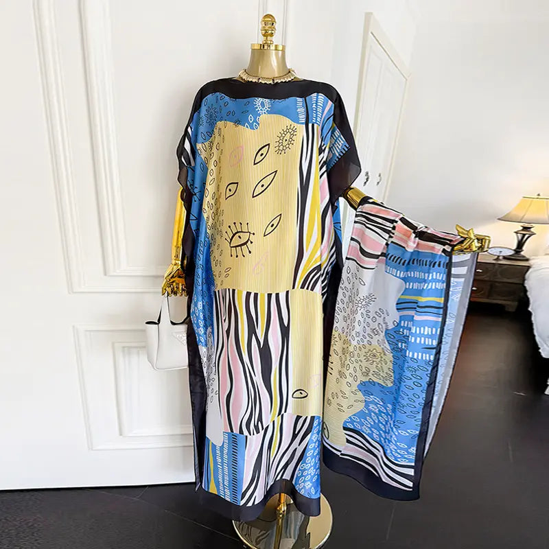 Moomoo Women'S 2 Piece Sets, Bohemian Peacock & Plants Satin Cape Robe with Scarf, plus Size Friendly Maxi Cover up for Resort, Hand Wash, Bathing Suit, Beach Wear, Bathing Suit Cover, Silky, Bikini Coverup, Moo Moo for Women, Stylish Women'S Wear