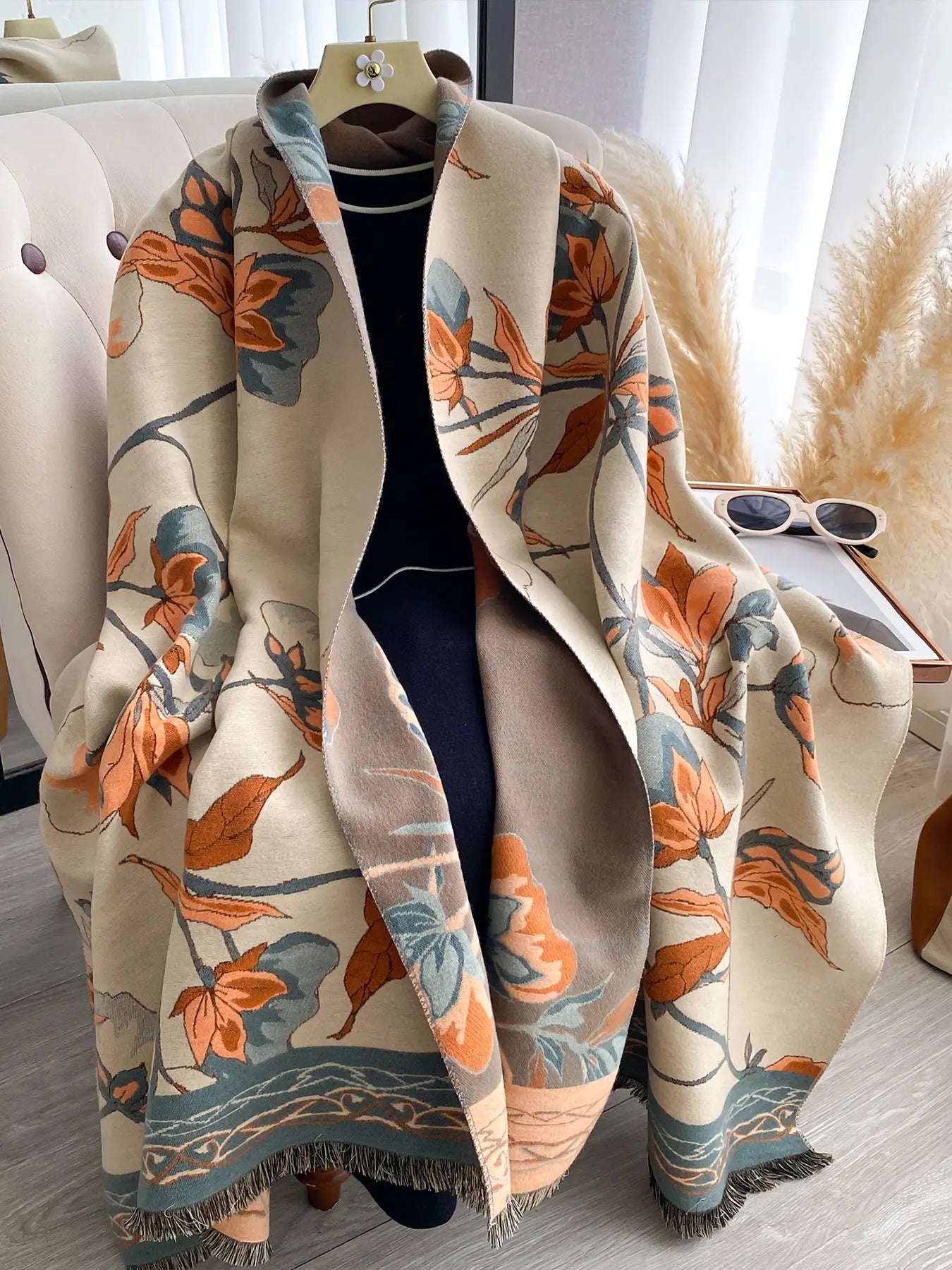 Elegant Floral Knit Scarf for Women, Boho Style Double-Sided Shawl, Fall & Winter Warm Daily Wear, Fitted Design, Floral Print Scarf, Boho Floral Scarves