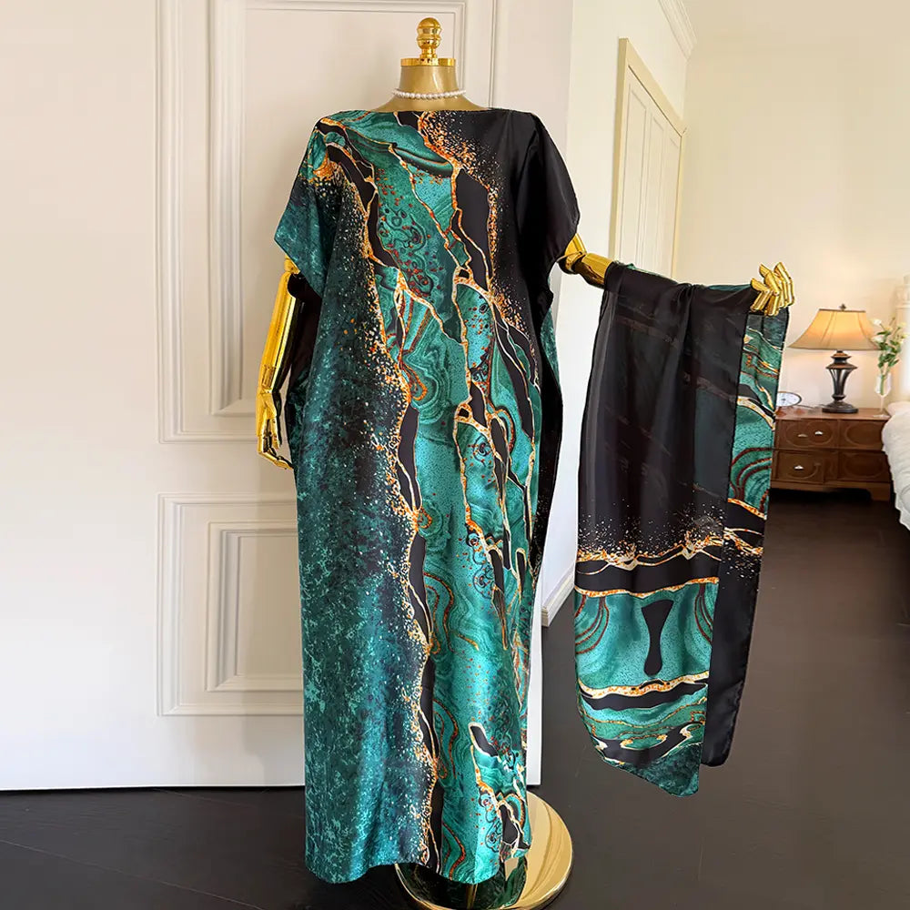 Moomoo Women'S 2 Piece Sets, Bohemian Peacock & Plants Satin Cape Robe with Scarf, plus Size Friendly Maxi Cover up for Resort, Hand Wash, Bathing Suit, Beach Wear, Bathing Suit Cover, Silky, Bikini Coverup, Moo Moo for Women, Stylish Women'S Wear