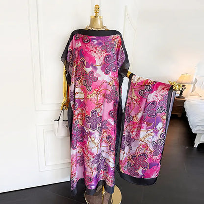Moomoo Women'S 2 Piece Sets, Bohemian Peacock & Plants Satin Cape Robe with Scarf, plus Size Friendly Maxi Cover up for Resort, Hand Wash, Bathing Suit, Beach Wear, Bathing Suit Cover, Silky, Bikini Coverup, Moo Moo for Women, Stylish Women'S Wear