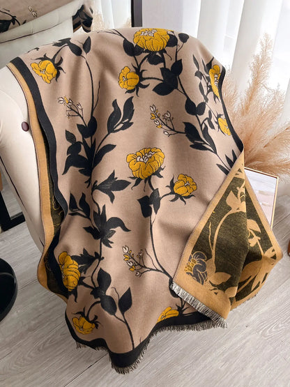 Elegant Floral Knit Scarf for Women, Boho Style Double-Sided Shawl, Fall & Winter Warm Daily Wear, Fitted Design, Floral Print Scarf, Boho Floral Scarves
