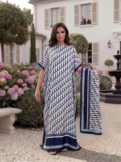 Women'S Elegant Chic Style All over Print Long Dress & Scarf, Beach Sun Protection Fitted Matching Set for Summer Womenswear