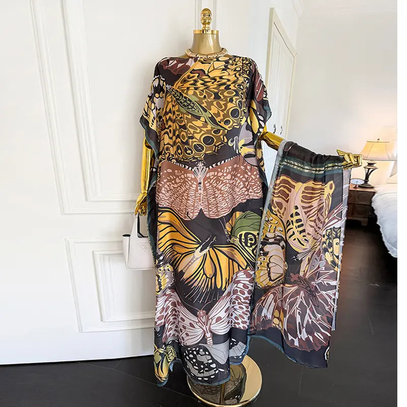 Moomoo Women'S 2 Piece Sets, Bohemian Peacock & Plants Satin Cape Robe with Scarf, plus Size Friendly Maxi Cover up for Resort, Hand Wash, Bathing Suit, Beach Wear, Bathing Suit Cover, Silky, Bikini Coverup, Moo Moo for Women, Stylish Women'S Wear