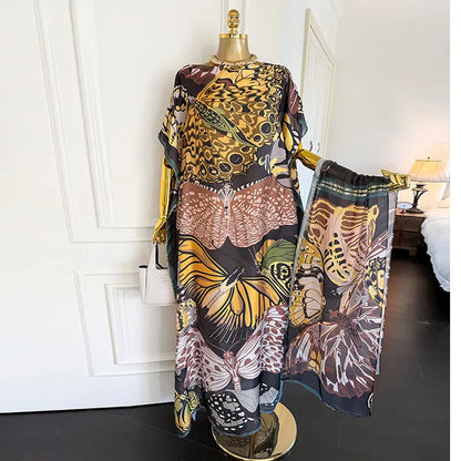 Moomoo Women'S 2 Piece Sets, Bohemian Peacock & Plants Satin Cape Robe with Scarf, plus Size Friendly Maxi Cover up for Resort, Hand Wash, Bathing Suit, Beach Wear, Bathing Suit Cover, Silky, Bikini Coverup, Moo Moo for Women, Stylish Women'S Wear