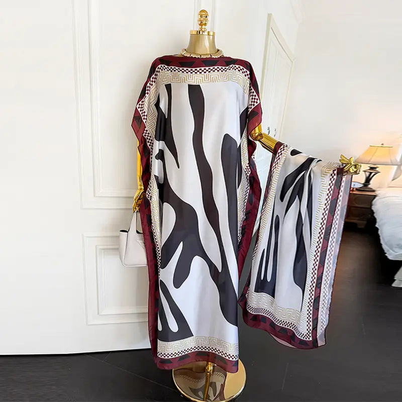 Moomoo Women'S 2 Piece Sets, Bohemian Peacock & Plants Satin Cape Robe with Scarf, plus Size Friendly Maxi Cover up for Resort, Hand Wash, Bathing Suit, Beach Wear, Bathing Suit Cover, Silky, Bikini Coverup, Moo Moo for Women, Stylish Women'S Wear