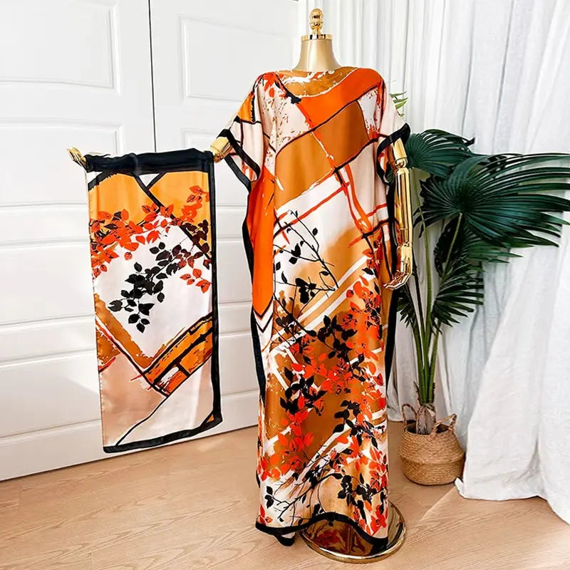 Moomoo Women'S 2 Piece Sets, Bohemian Peacock & Plants Satin Cape Robe with Scarf, plus Size Friendly Maxi Cover up for Resort, Hand Wash, Bathing Suit, Beach Wear, Bathing Suit Cover, Silky, Bikini Coverup, Moo Moo for Women, Stylish Women'S Wear