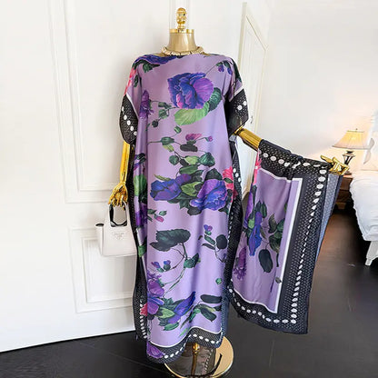 Moomoo Women'S 2 Piece Sets, Bohemian Peacock & Plants Satin Cape Robe with Scarf, plus Size Friendly Maxi Cover up for Resort, Hand Wash, Bathing Suit, Beach Wear, Bathing Suit Cover, Silky, Bikini Coverup, Moo Moo for Women, Stylish Women'S Wear