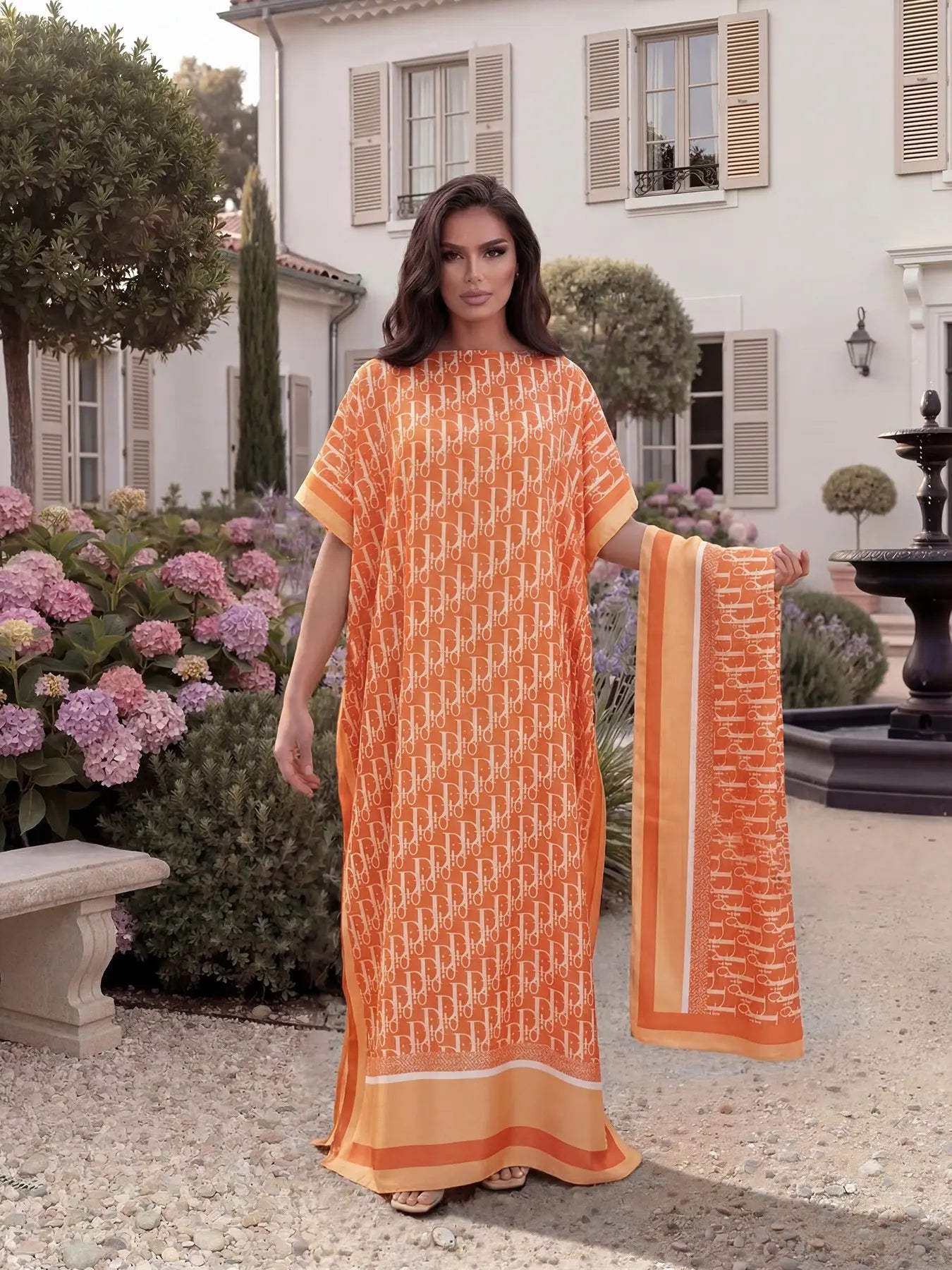 Women'S Elegant Chic Style All over Print Long Dress & Scarf, Beach Sun Protection Fitted Matching Set for Summer Womenswear