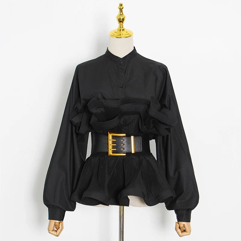 Elegant Patchwork Ruffle Sashes Blouse for Women Stand Collar Long Sleeve Korean Tunic Blouse Female Fashion New