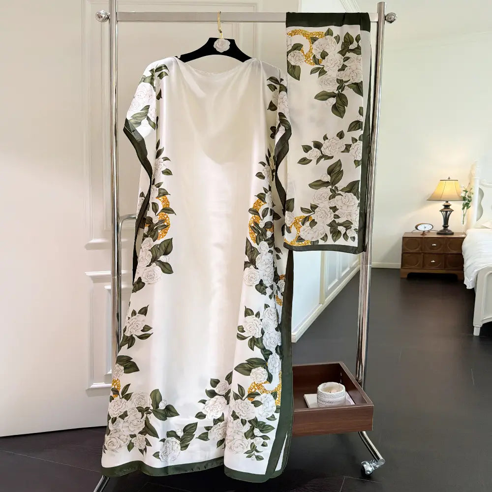 Moomoo Women'S 2 Piece Sets, Bohemian Peacock & Plants Satin Cape Robe with Scarf, plus Size Friendly Maxi Cover up for Resort, Hand Wash, Bathing Suit, Beach Wear, Bathing Suit Cover, Silky, Bikini Coverup, Moo Moo for Women, Stylish Women'S Wear